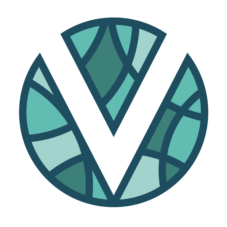 Logo of Vidrine Psychiatry featuring a circular design with geometric shapes in various shades of blue and green.